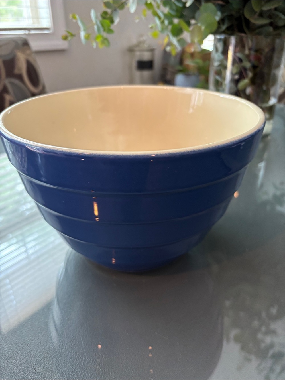 Crate and Barrel Blue Ceramic Mixing Bowl with Cream Interior-slight chip